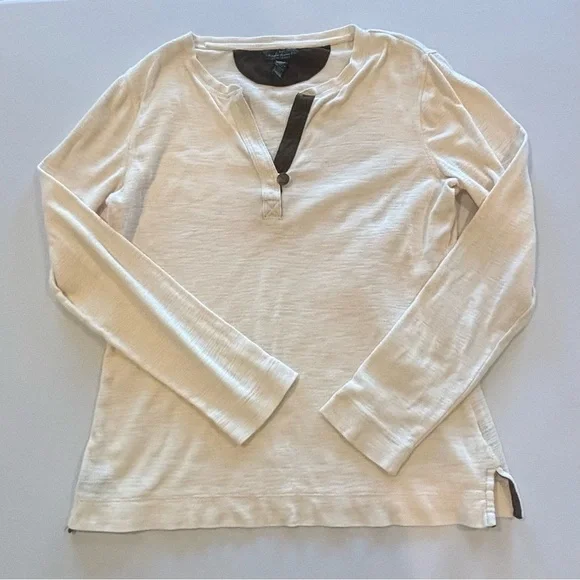 LAUREN RALPH LAUREN Off White Long Sleeve Women’s T-shirt with Brown Suede Med - Picture 3 of 10